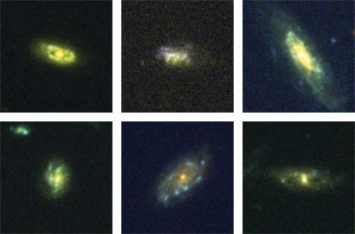 Images of the six galaxies with detected inflows taken with the Advanced Camera for Surveys on the Hubble Space Telescope.